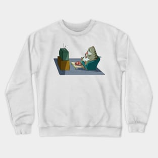 Cat eating fish and watching tv Crewneck Sweatshirt